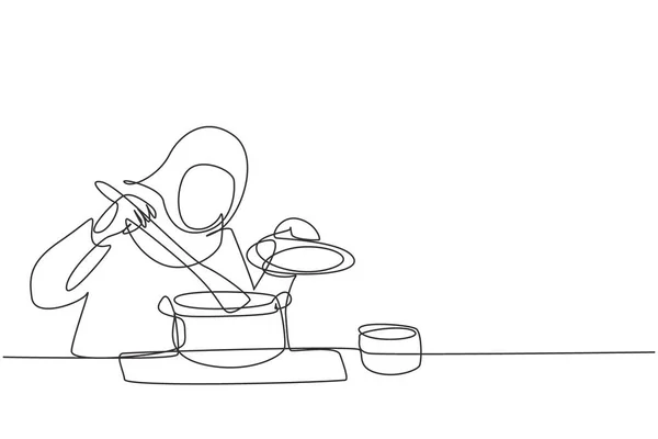 Continuous One Line Drawing Arabian Housewife Enjoying Smell Cooking Pot — Image vectorielle