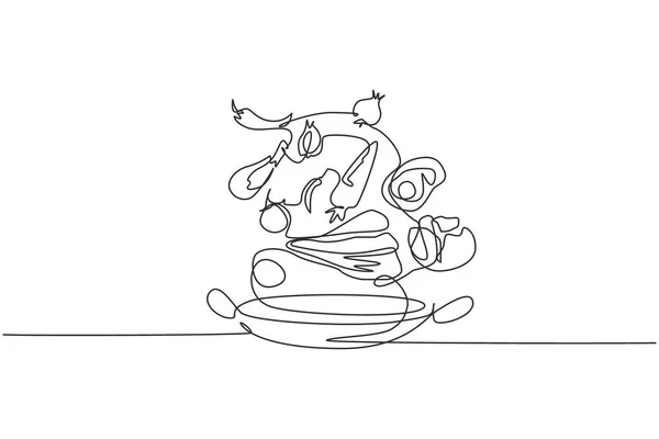 一个连续的线条画壶撒满了食物配料 如蔬菜 胡萝卜 胡椒和其他调味品 单行绘图图形设计矢量插图 — 图库矢量图片
