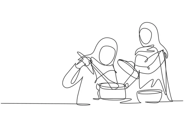 Continuous One Line Drawing Two Arabian Woman Enjoying Smell Cooking — Image vectorielle