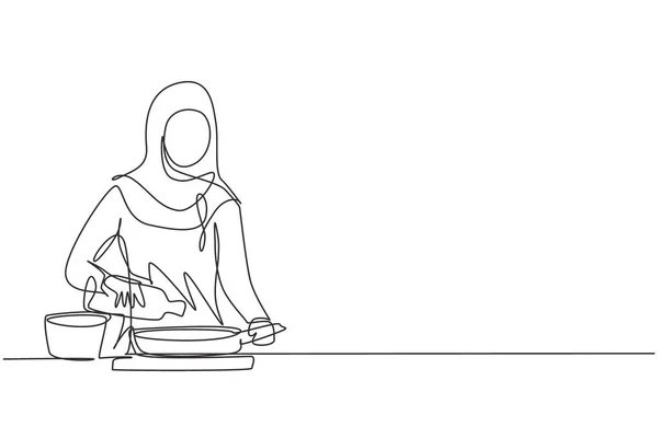 Single One Line Drawing Arabian Woman Pouring Cooking Oil Bottle — Stok Vektör