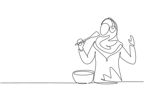 Single One Line Drawing Arab Housewife Begin Prepare Family Dinner — Image vectorielle