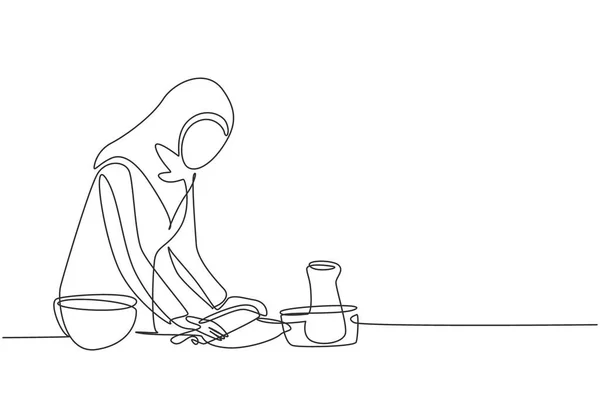 Single One Line Drawing Arab Woman Making Cookie Dough Using — Image vectorielle