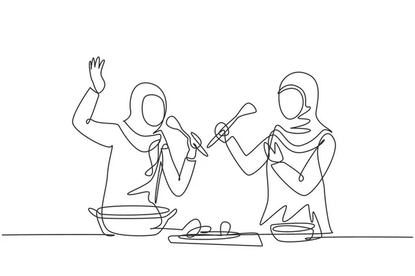 Single Continuous Line Drawing Two Arabian Friends Cook Together Sing — Image vectorielle