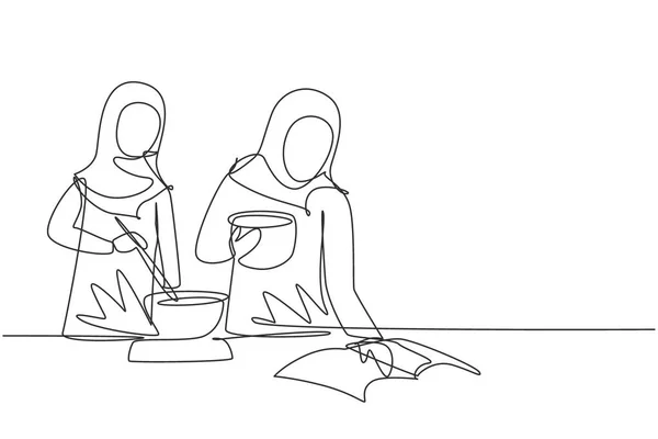 Single Continuous Line Drawing Two Arab Woman Cooking Meal While — ストックベクタ