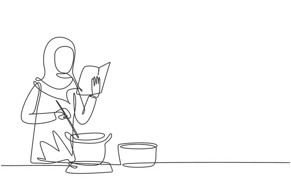 Одна Сплошная Линия Рисует Арабскую Женщину Готовящую Еду Время Чтения — стоковый вектор