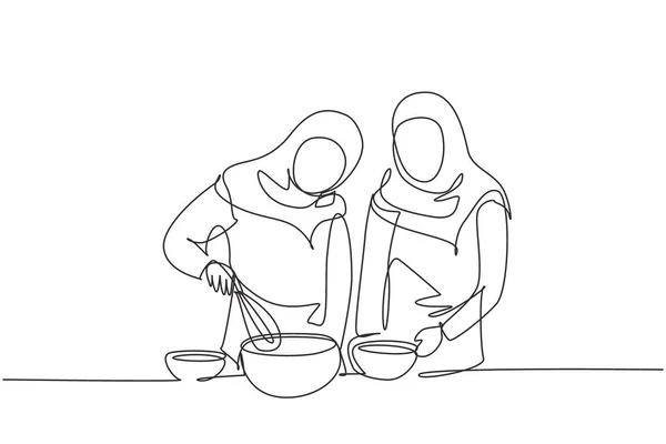 Single Continuous Line Drawing Two Arab Woman Talks Smartphone While — ストックベクタ
