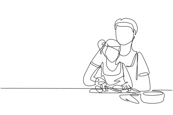 Single Continuous Line Drawing Father Teaching His Little Daughter Cut — Image vectorielle