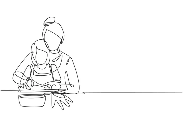 Single Continuous Line Drawing Mother Teaching Her Little Daughter Cut —  Vetores de Stock