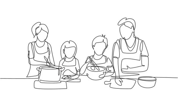 Continuous One Line Drawing Happy Family Mom Dad Little Daughter — Archivo Imágenes Vectoriales