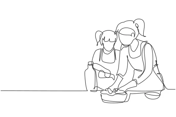 Single One Line Drawing Cute Little Daughter Helping Her Mother — Wektor stockowy