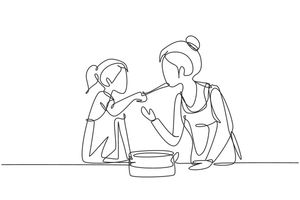 单行画快乐的母亲品尝她美丽的女儿送给她的食物 在家舒适的厨房里一起做饭吃午饭 现代连续线条绘图设计图形矢量插图 — 图库矢量图片