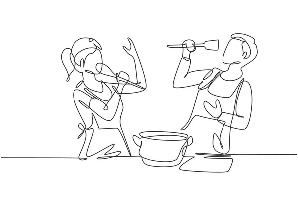 Continuous One Line Drawing Happy Romantic Couple Singing While Cooking — Vector de stock