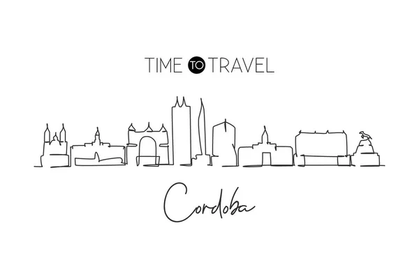Single One Line Drawing Cordoba City Skyline Argentina World Historical — Stok Vektör