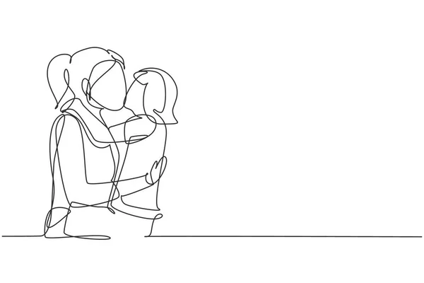 Single Continuous Line Drawing Sweet Little Girl Hugging Kissing Her — Image vectorielle