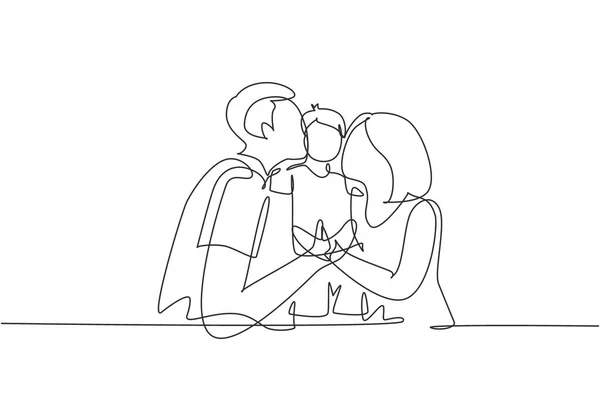 Continuous One Line Drawing Parents Kissing Little Boy His Cheeks — Wektor stockowy