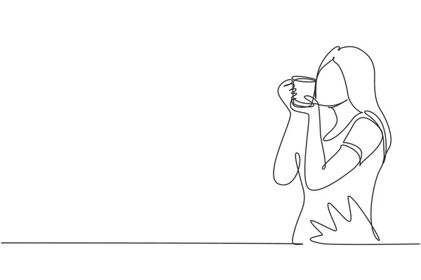 Single Continuous Line Drawing Young Woman Kissing Cup Happy Mood — Διανυσματικό Αρχείο