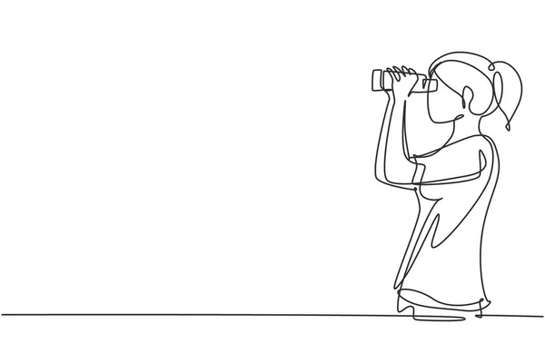 Single Continuous Line Drawing Girl Looking Distance Binoculars Enjoy Beauty — Image vectorielle