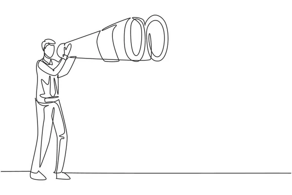 Continuous One Line Drawing Tourist Man Looking Big Binoculars Far — Stock vektor