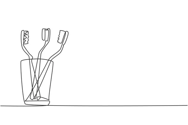 Single Continuous Line Drawing Several Toothbrushes Glass Dental Care Equipment — Διανυσματικό Αρχείο