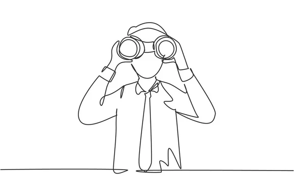 Single Continuous Line Drawing Young Businessman Looking Binoculars Searching Job — Stock vektor