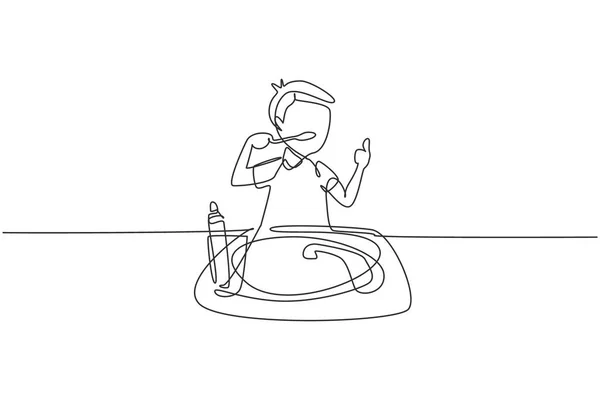 Single Continuous Line Drawing Boy Brushing His Teeth Thumbs Gesture — Stock vektor