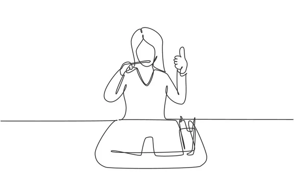 Continuous One Line Drawing Woman Brushing Her Teeth Thumbs Gesture — Stockvector