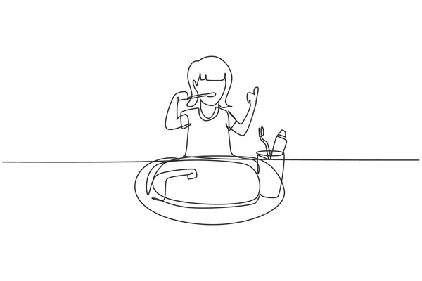 Continuous One Line Drawing Girl Brushing Her Teeth Thumbs Gesture — Vettoriale Stock