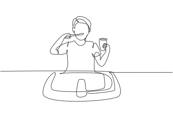 Single Continuous Line Drawing Man Brushing His Teeth Sink Routine — Vector de stock