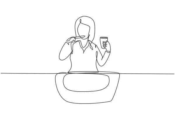 Single Continuous Line Drawing Woman Brushing Her Teeth Sink Routine — Stockvector