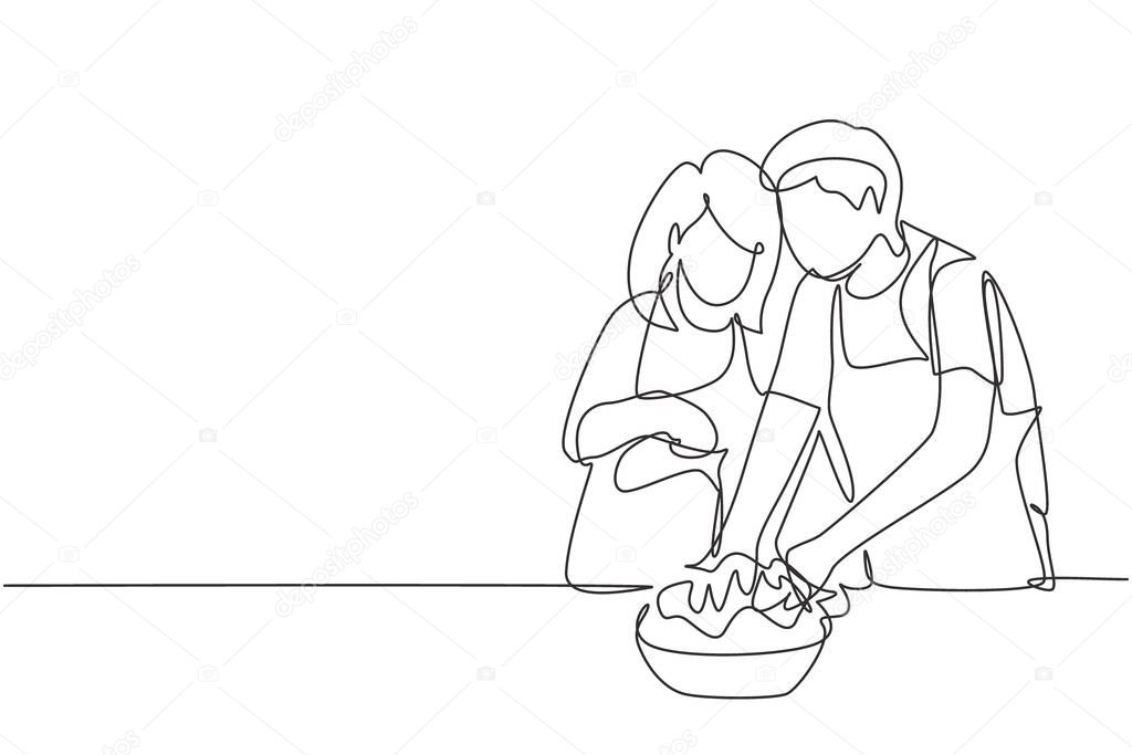 Single continuous line drawing beautiful young wife helping her husband make dough by adding olive oil. Pastry preparation in cozy kitchen at home. One line draw graphic design vector illustration