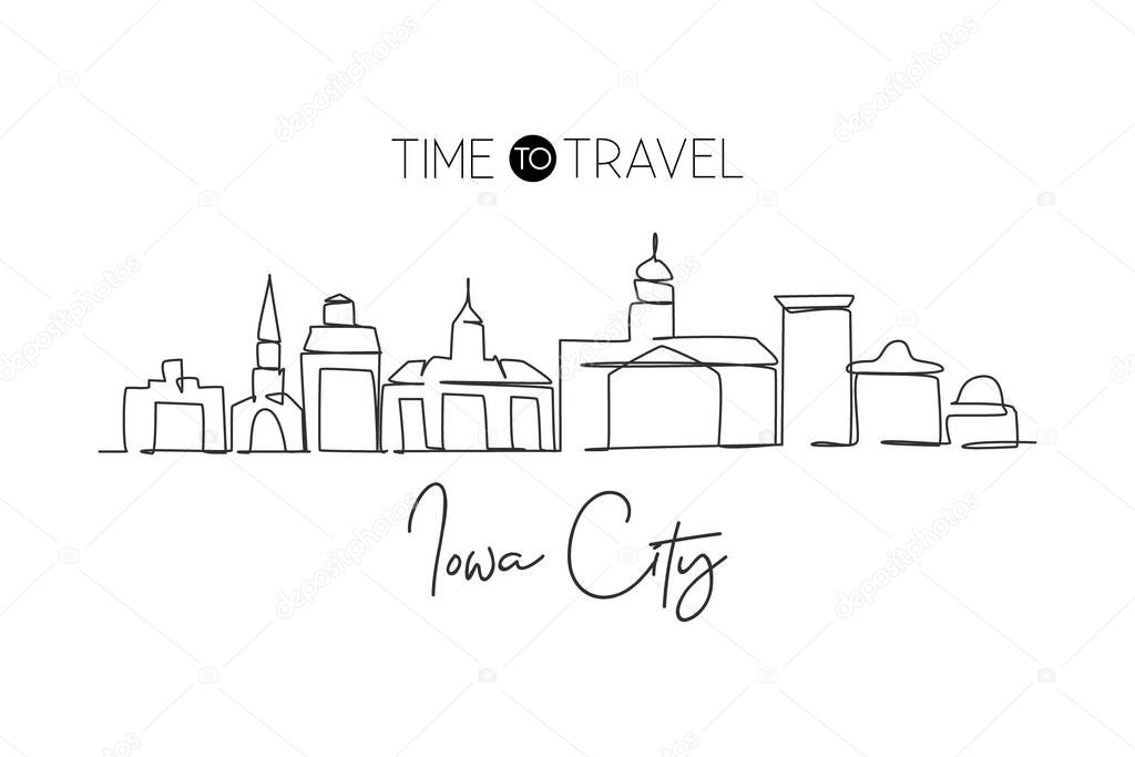 Single continuous line drawing Iowa City skyline. Famous city scraper landscape in United States. World travel home wall decor art poster print concept. Modern one line draw design vector illustration