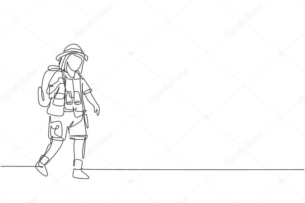 Continuous one line drawing girl wearing safari outfit complete with hat carrying bag and draping binoculars. Little adventurer learns about nature. Single line draw design vector graphic illustration