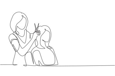 Continuous one line drawing Going for change of style. Beautiful woman discussing hairstyling with her hairdresser holding scissors while sitting in hairdressing salon. Single line draw design vector
