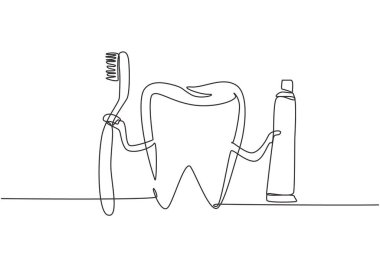 Continuous one line drawing giant tooth holding toothbrush in one hand and toothpaste in the other. Symbol or logo dental clinic, oral care center. Single line draw design vector graphic illustration