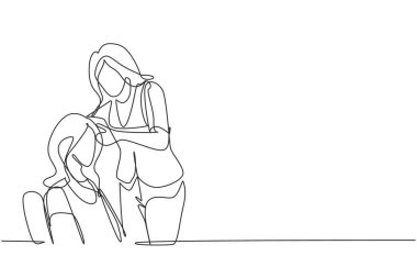 Single continuous line drawing confident young woman is looking at her reflection. Glowing beauty with new hairstyle at salon. Hair style concept. One line draw graphic design vector illustration