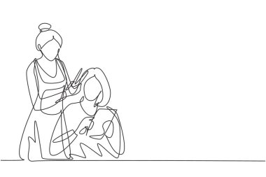 Single one line drawing young women sitting in beauty hair salon style, reading the magazine and waiting for result. Hair style beauty concept. Continuous line draw design graphic vector illustration