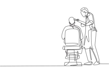 Continuous one line drawing rear view shot of handsome hairdresser cutting hair of young male client. Hairstylist serving client at barber shop. Single line draw design vector graphic illustration