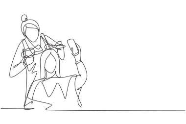 Continuous one line drawing young girl is taking picture with stylist. Going for change of style, discussing hairstyling with her hairdresser. Single line draw design vector graphic illustration