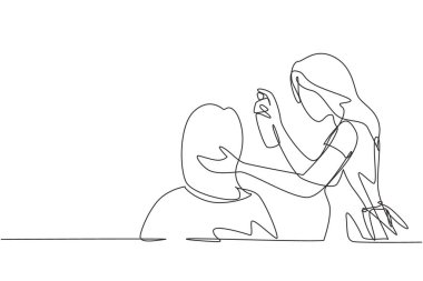 Continuous one line drawing female hairdresser styling customers hair at salon. Woman barber beautician. Hairstylist or hair style beauty concept. Single line draw design vector graphic illustration