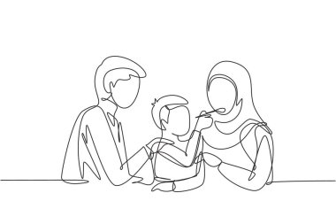 Single one line drawing Arabian family having fun together in modern restaurant. Boy feeds his mother with love. Happy little family concept. Continuous line draw design graphic vector illustration