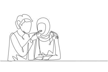 Single one line drawing romantic Arabian man feeds his wife. Happy young couple dinner together at restaurant. Celebrate wedding anniversaries. Continuous line draw design graphic vector illustration
