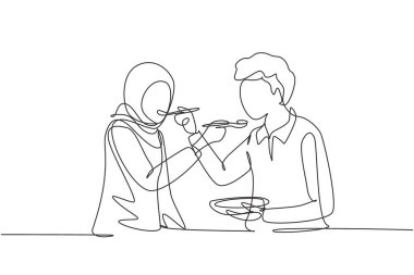 Single continuous line drawing romantic Arabic couple feeding each other. Having fun dinner together at restaurant. Celebrate wedding anniversaries. One line draw graphic design vector illustration