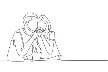 Single one line drawing young beautiful couple sharing pizza cut. Celebrate anniversaries and enjoy romantic lunch at modern restaurant. Modern continuous line draw design graphic vector illustration