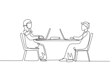 Single continuous line drawing Arabian boy and girl students studying with laptop and sitting on chairs around desk. Back to school, online education. One line draw graphic design vector illustration