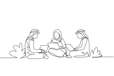 Single continuous line drawing three Arabian students studying with laptop and sitting at the park together. Back to school, online education concept. One line draw graphic design vector illustration