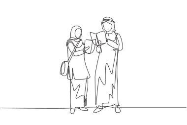 Single continuous line drawing Arabian students woman and man reading, learning and standing at library. Literature lovers, education concept. Dynamic one line draw graphic design vector illustration