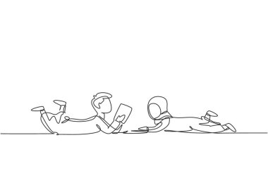 Single one line drawing two Arabian kids boy and girl reading, learning and laying down on the floor. Study at home. Smart students, education. Continuous line draw design graphic vector illustration