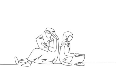 Single one line drawing Arabian students woman and man reading, learning and sitting lean on each other. Study in library. Literature lovers. Continuous line draw design graphic vector illustration