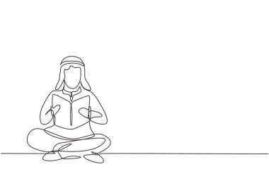Continuous one line drawing young Arabian male reading, learning and sitting on the floor. Study in library. Intelligent student, education concept. Single line draw design vector graphic illustration