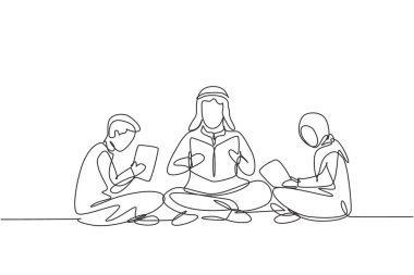 Single continuous line drawing Arabian male teacher and two students boy and girl reading, learning and sitting together. Study in library. Dynamic one line draw graphic design vector illustration
